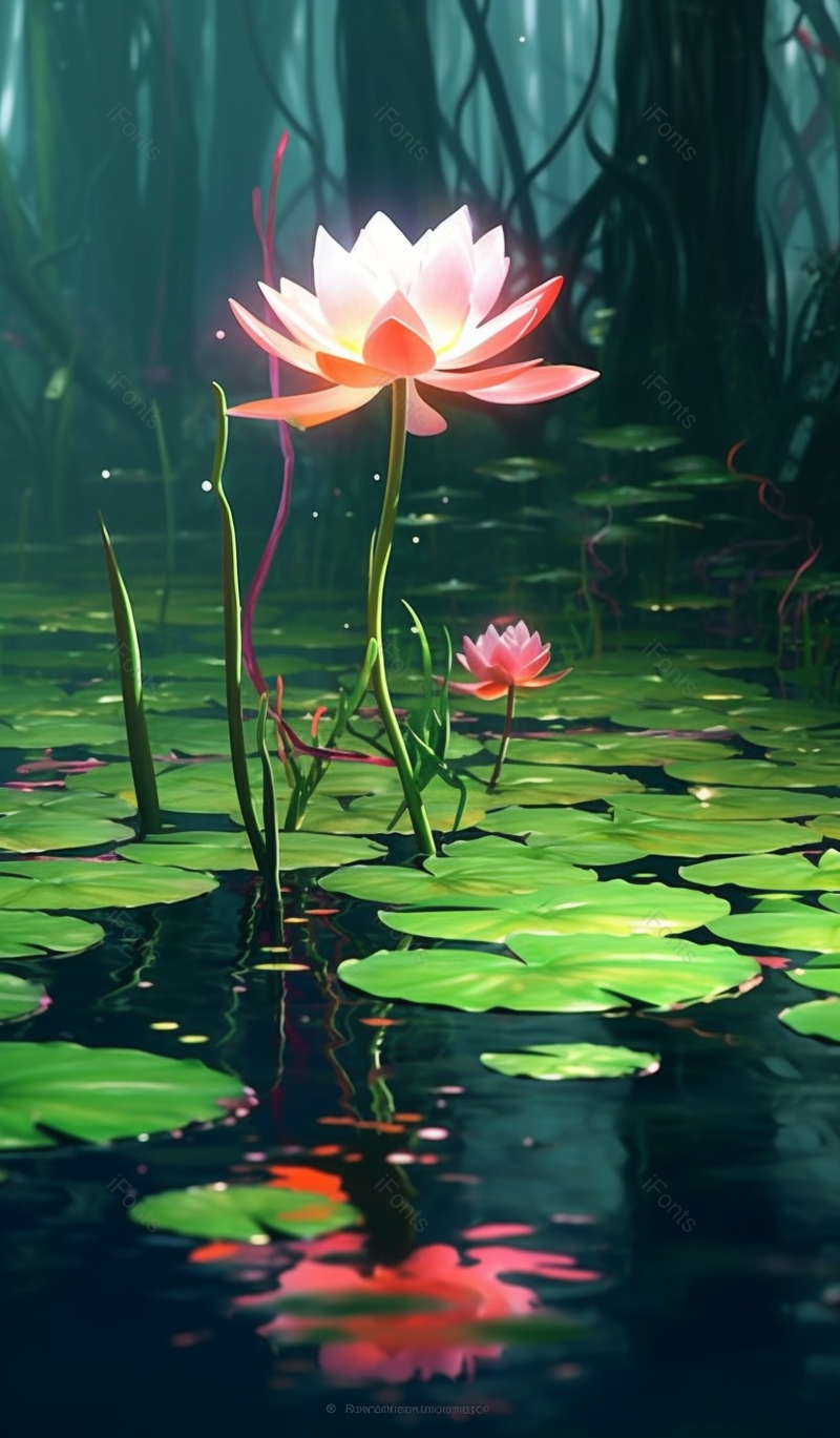 唯美绿色夏至池塘的荷花风景清新插画背景,插画/手绘图,插画/手绘图库,插画/手绘图下载,插画/手绘